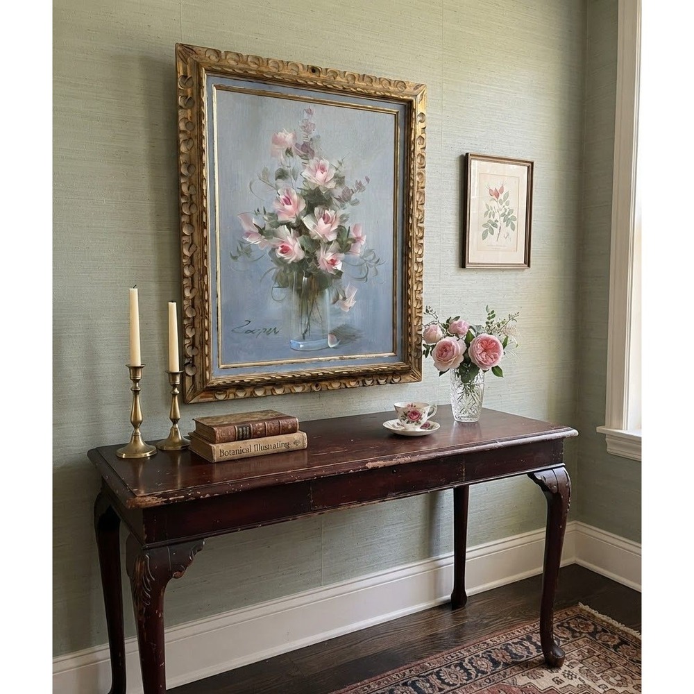 Vintage Cooper Signed Pink Roses Oil Painting Ornate Gold Frame 26x20 Floral Art